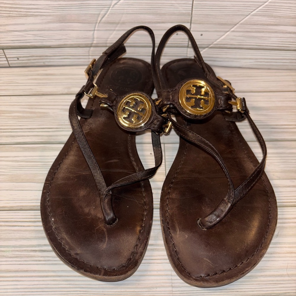Tory Burch Brown Leather Logo Thong Sandals with Gold Hardware